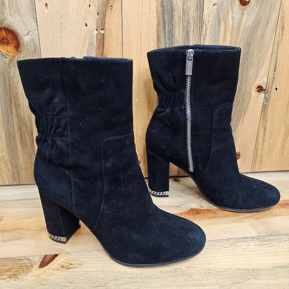 MICHAEL Michael Kors Dolores Suede Block Heel Chain Accent Bootie - Picture 1 of 6